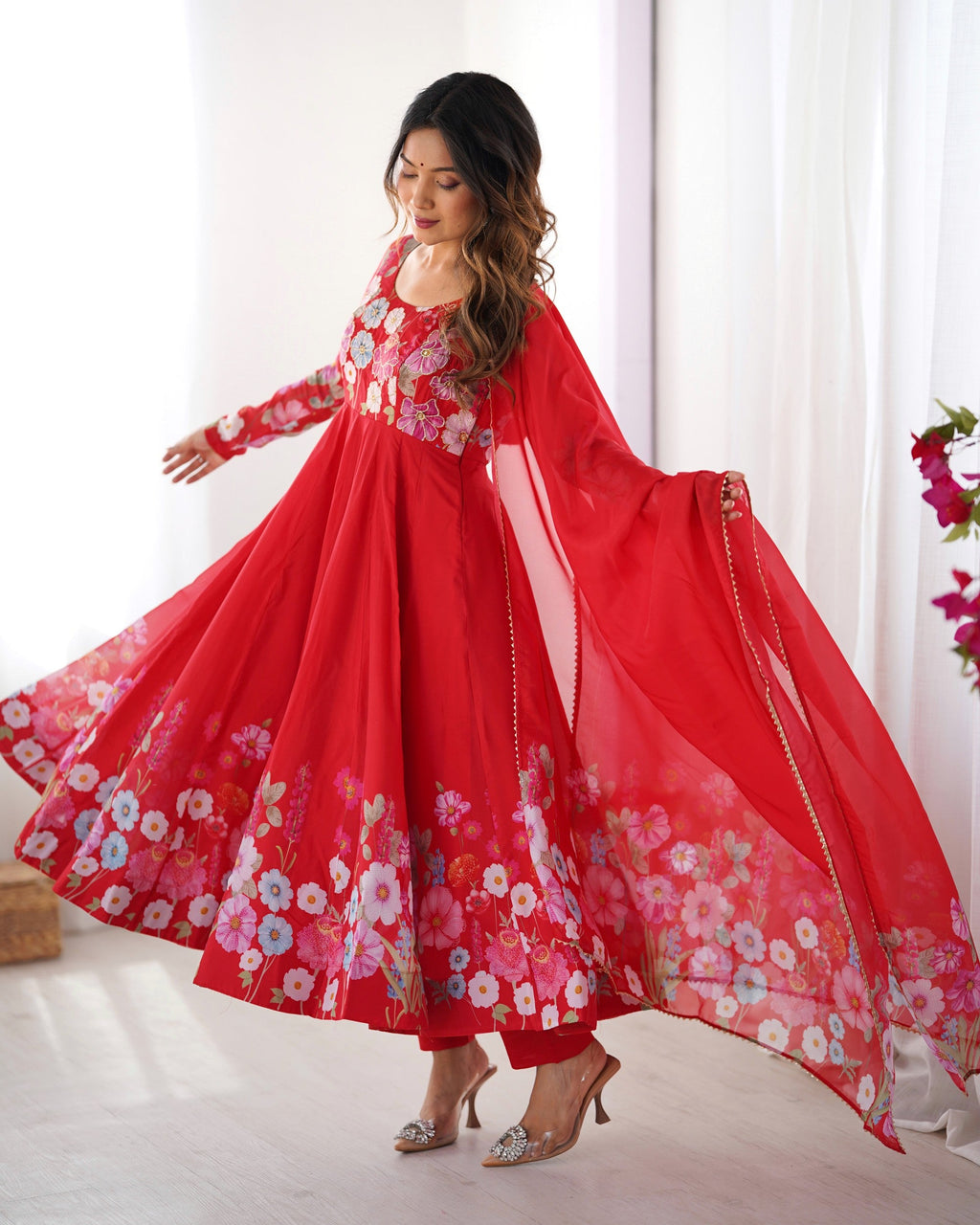 Lorenvalley Fashion Red Soft Organza Silk With Floral Print Fully Flared Anarkali Pant With Dupatta Set - Distacart