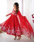 Lorenvalley Fashion Red Soft Organza Silk With Floral Print Fully Flared Anarkali Pant With Dupatta Set - Distacart