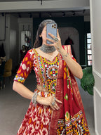 Lorenvalley Red Tussar Silk Patola Print With Foil Work And Original Mirror Gamthi Lace Lehenga Choli with Dupatta