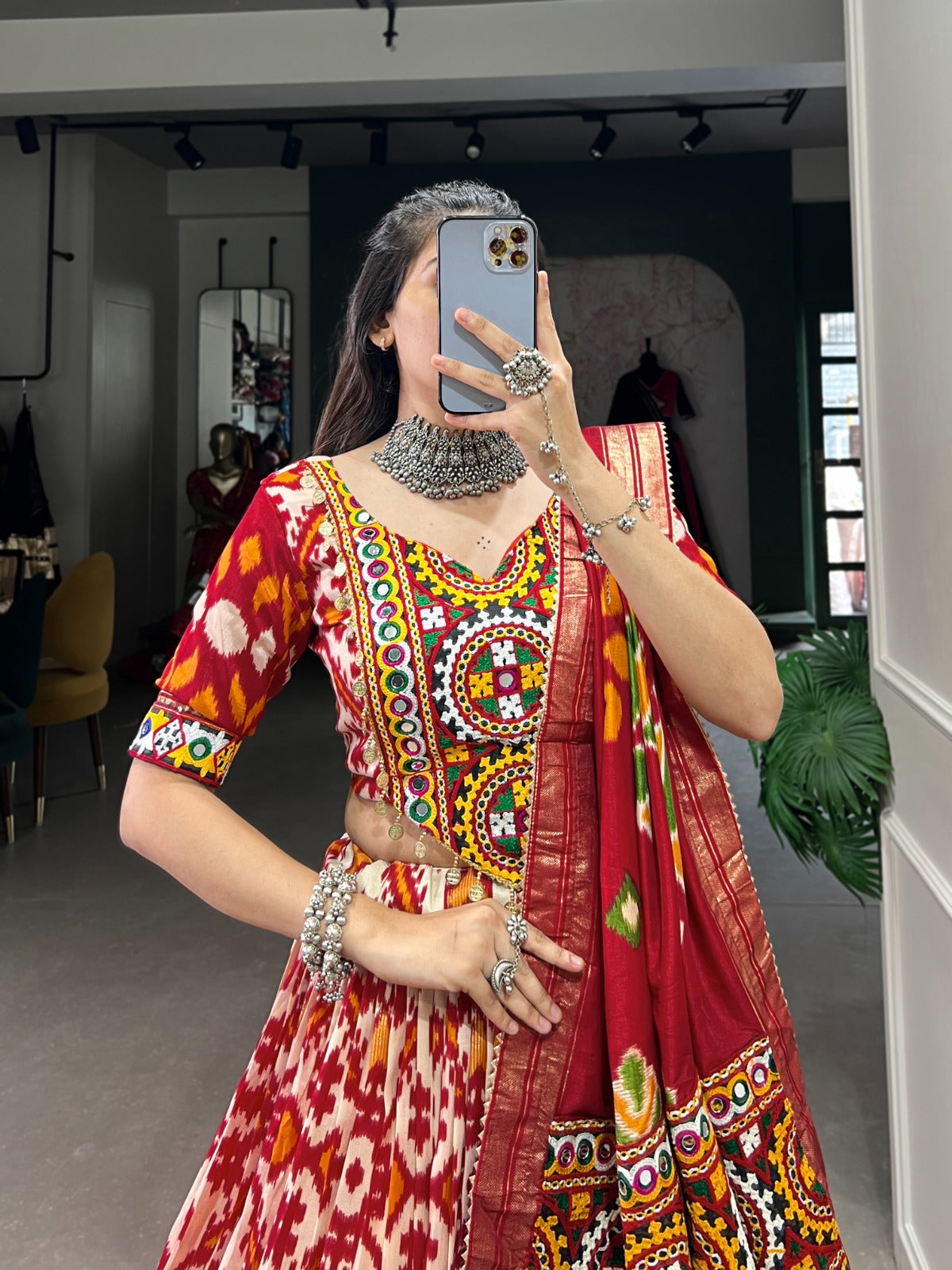 Lorenvalley Red Tussar Silk Patola Print With Foil Work And Original Mirror Gamthi Lace Lehenga Choli with Dupatta