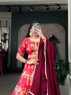 Lorenvalley Red Tussar Silk Printed Lehenga Choli