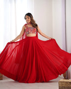Lorenvalley Red Faux Georgette Stitched Lehenga Embroidery Blouse with Dupatta