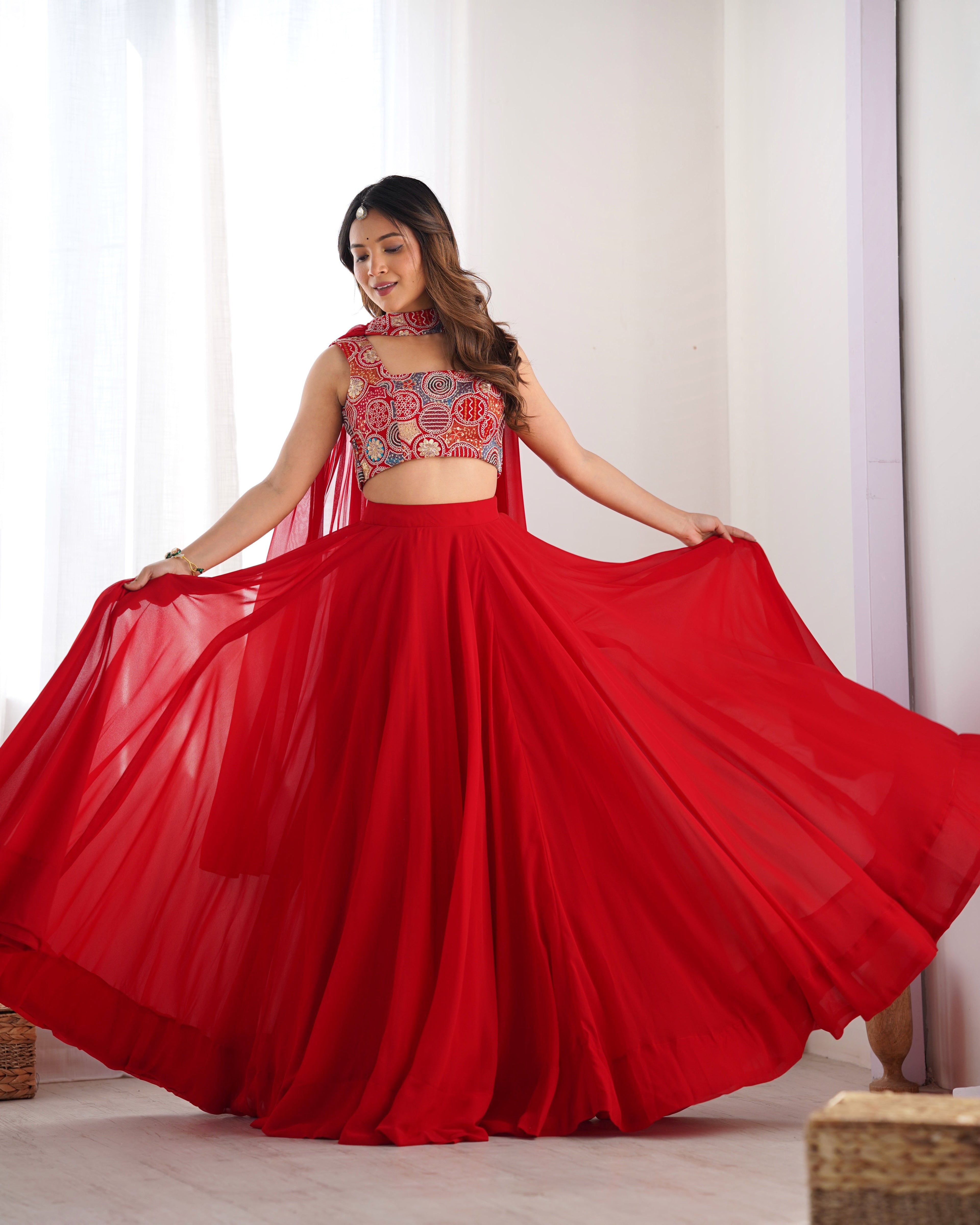 Lorenvalley Red Faux Georgette Stitched Lehenga Embroidery Blouse with Dupatta