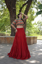 Lorenvalley Red Premium Rayon Lehenga with Georgette Embroidered Traditional Thread work Choli