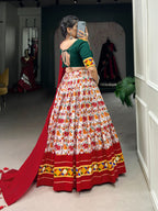 Lorenvalley Red Dola Silk and Cotton with Patola Print With Foil Work And Original Mirror Gamthi Lace Lehenga Choli