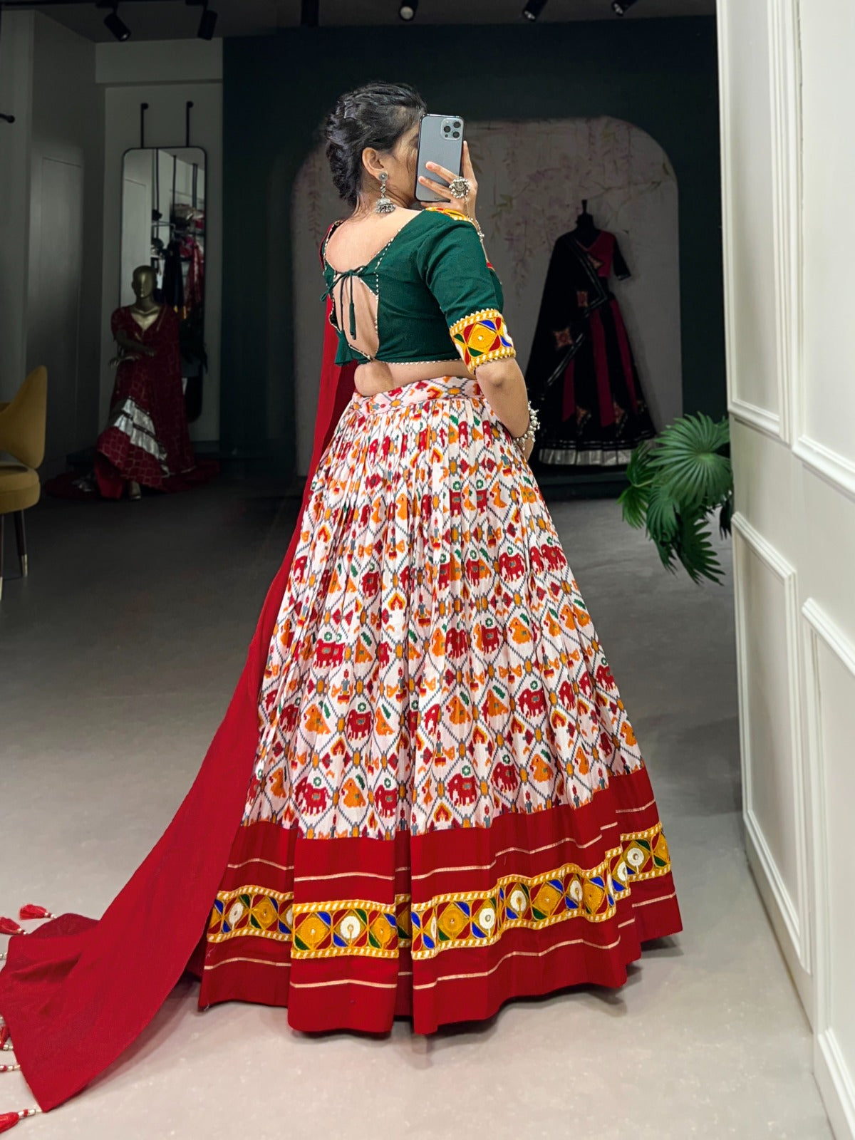 Lorenvalley Red Dola Silk and Cotton with Patola Print With Foil Work And Original Mirror Gamthi Lace Lehenga Choli