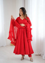 Lorenvalley Fashion Red Faux Georgette Lukhnowi Sequence Work Anarkali Kurta Pant With Dupatta Set - Distacart