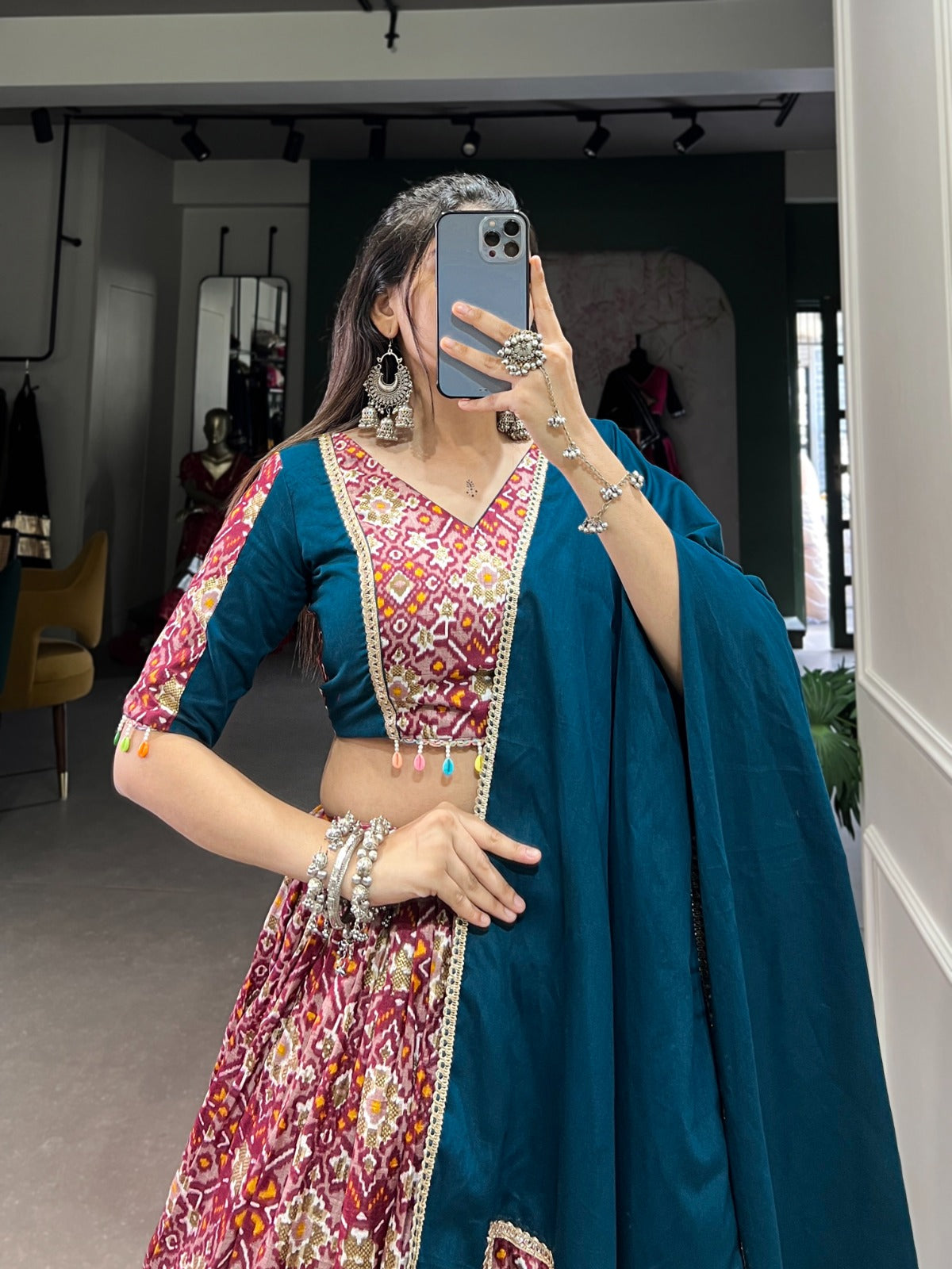 Lorenvalley Red Dola Silk and Rayon with Printed With Foil Work And Lace Touch Up Lehenga Choli