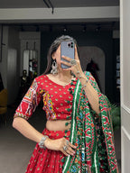 Lorenvalley Dola Silk Red Patola Print With Gamthi Work Lace Border Lehenga Choli with Dupatta