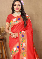Lorenvalley Fashion Red Soft Paithani Silk Woven Design Rich Zari Meenakari Weaving Saree