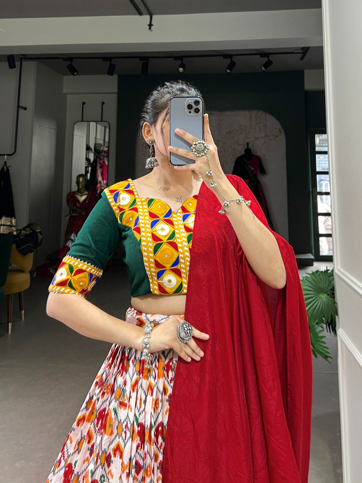 Lorenvalley Red Dola Silk and Cotton with Patola Print With Foil Work And Original Mirror Gamthi Lace Lehenga Choli