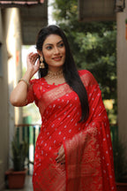 Lorenvalley Premium Pure Handmade Bandhej Kanjivaram silk saree with Zari Weaving Rich Pallu saree - Red