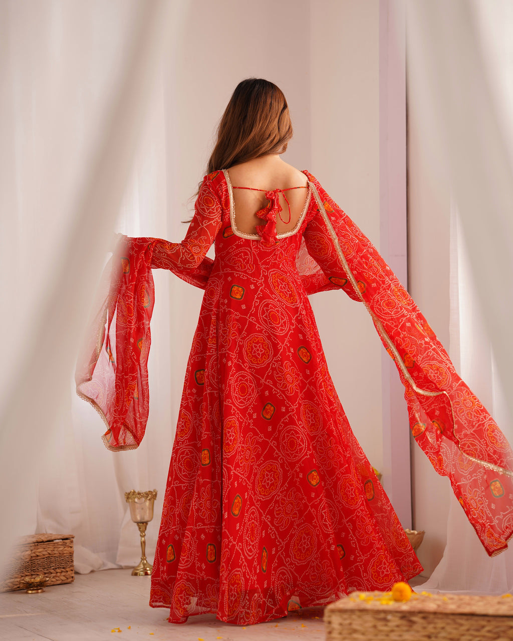 Lorenvalley Women Soft Lightweight Chiffon Bandhej Print Fabric Anarkali Kurta Pant With Dupatta Set