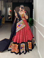 Lorenvalley Red Pure Cotton Lehenga Choli Embellishes With Gamthi Work And Mirror Work Touch Up To Make Everyone Feel The Stories Of Navratri Traditions
