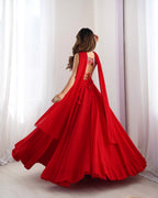 Lorenvalley Red Faux Georgette Stitched Lehenga Embroidery Blouse with Dupatta