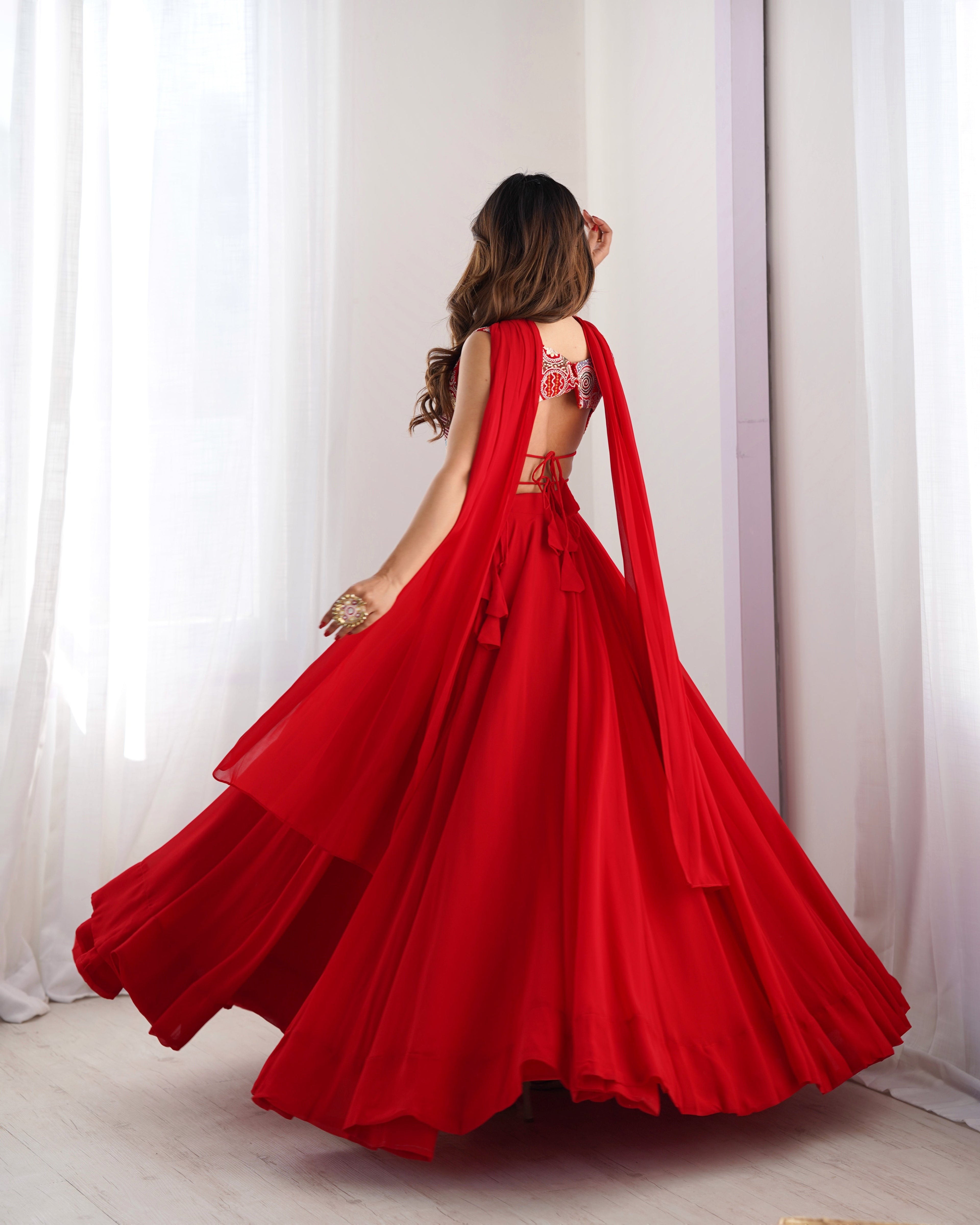 Lorenvalley Red Faux Georgette Stitched Lehenga Embroidery Blouse with Dupatta