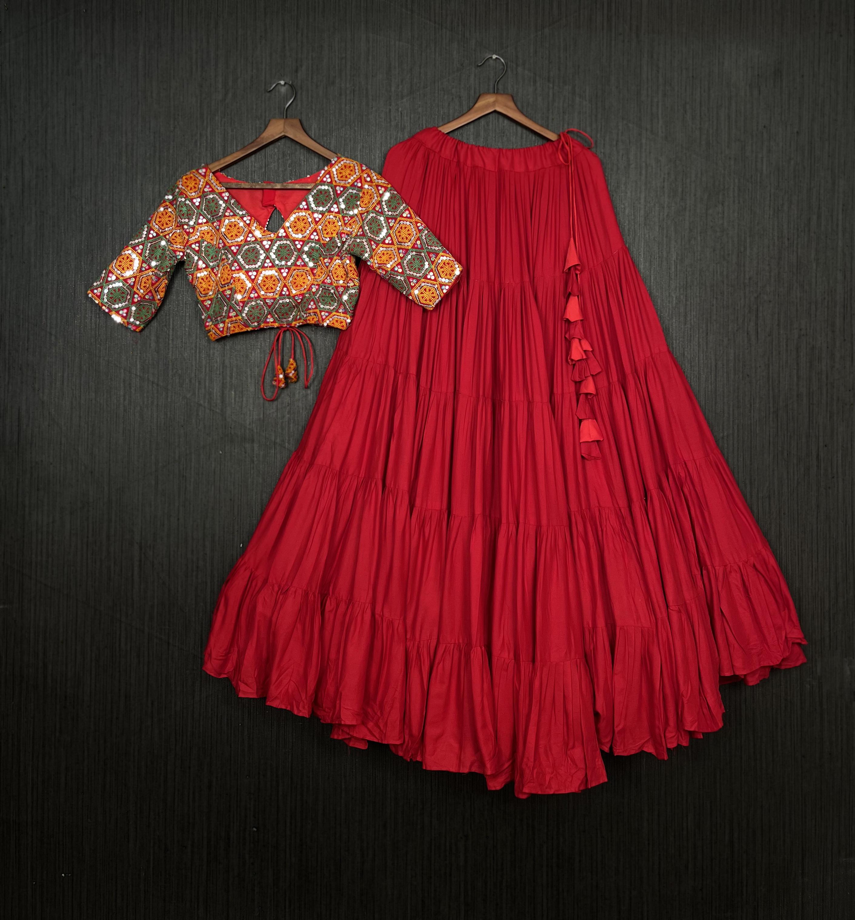 Lorenvalley Red Premium Rayon Lehenga with Georgette Embroidered Traditional Thread work Choli