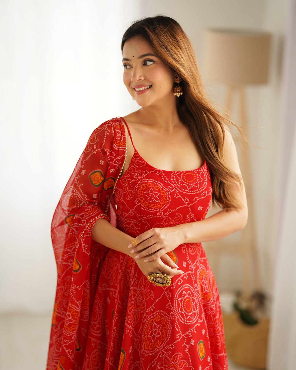 Lorenvalley Fashion Red Soft Chiffon Bandhej Fabric Print Fully Flair Anarkali With Pant Dupatta Set - Distacart