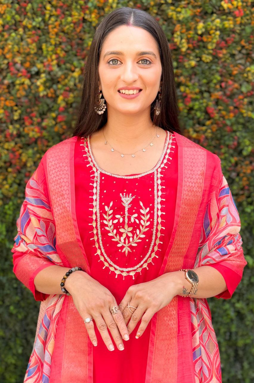 Lorenvalley Fashion Red Roman Silk Hand Work Kurta Pant with Dupatta - Distacart