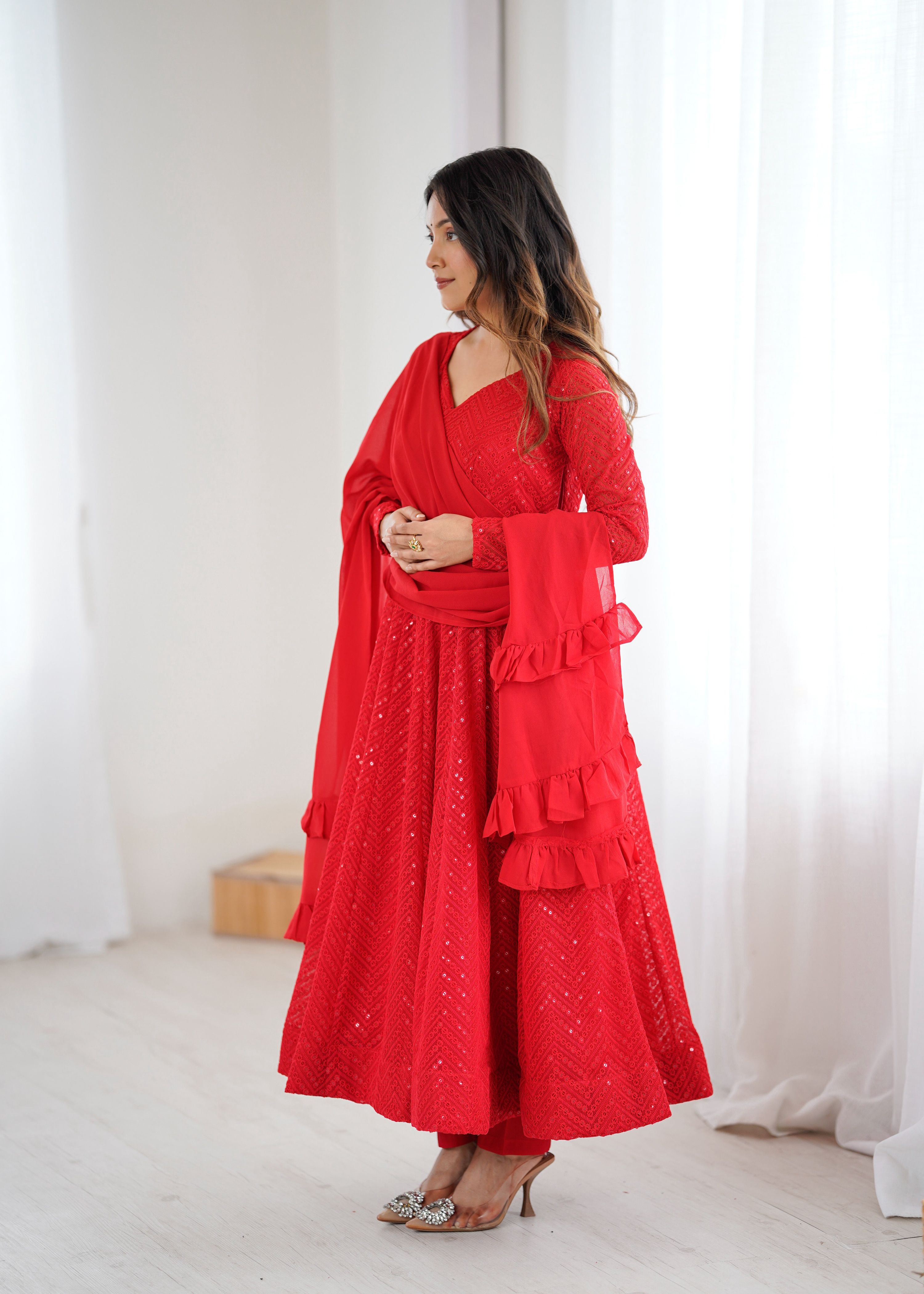 Lorenvalley Fashion Red Faux Georgette Lukhnowi Sequence Work Anarkali Kurta Pant With Dupatta Set - Distacart