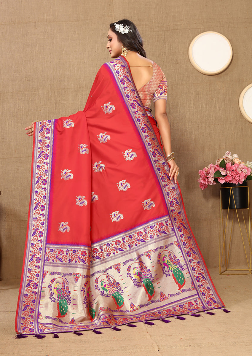 Lorenvalley Fashion Red Soft Paithani Silk Woven Design Rich Meenakari Zari Weaving Pallu Saree