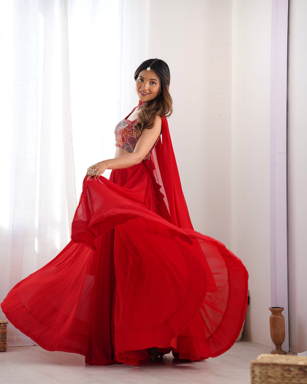 Lorenvalley Red Faux Georgette Stitched Lehenga Embroidery Blouse with Dupatta