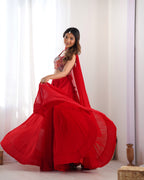Lorenvalley Red Faux Georgette Stitched Lehenga Embroidery Blouse with Dupatta