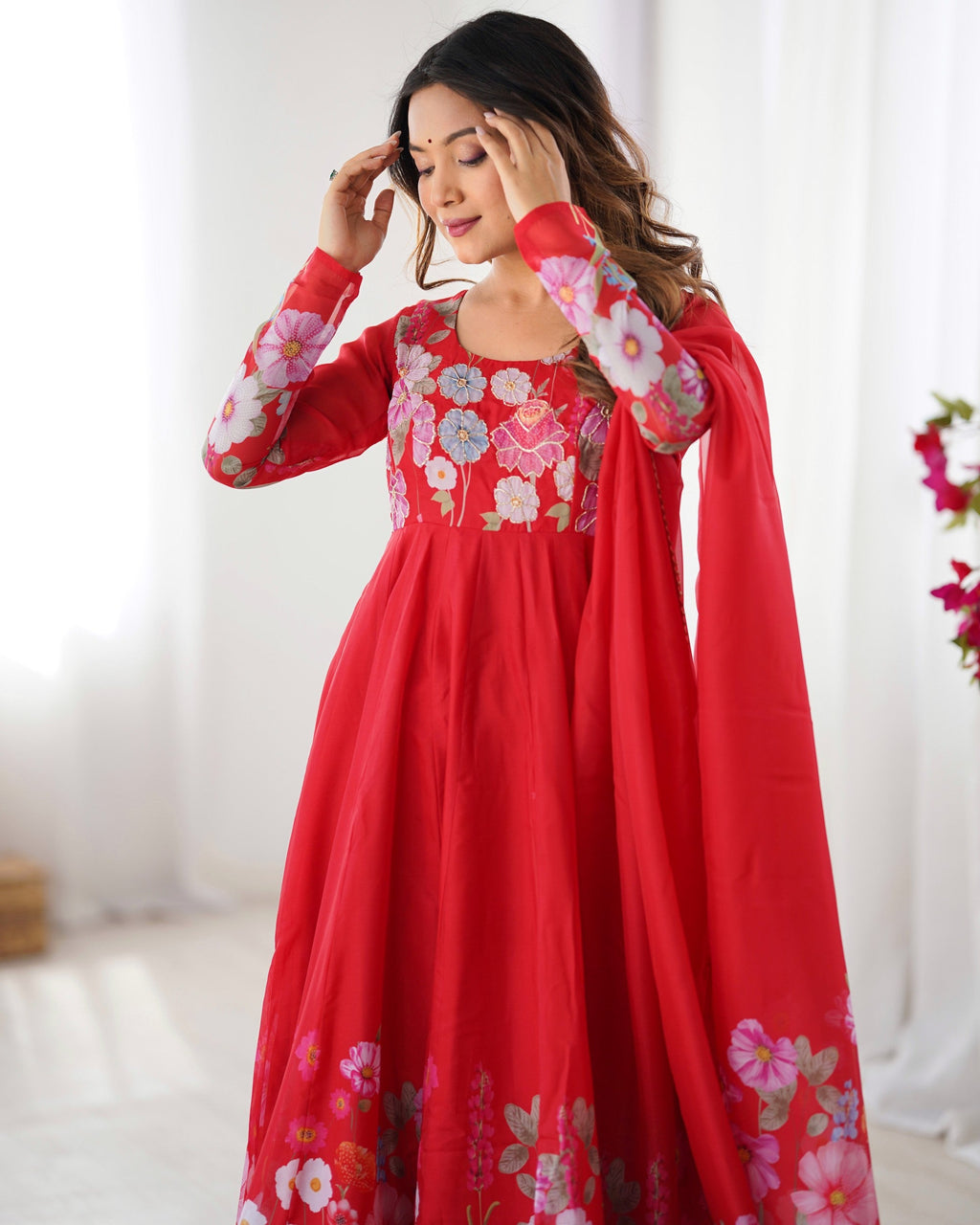 Lorenvalley Fashion Red Soft Organza Silk With Floral Print Fully Flared Anarkali Pant With Dupatta Set - Distacart
