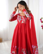 Lorenvalley Fashion Red Soft Organza Silk With Floral Print Fully Flared Anarkali Pant With Dupatta Set - Distacart