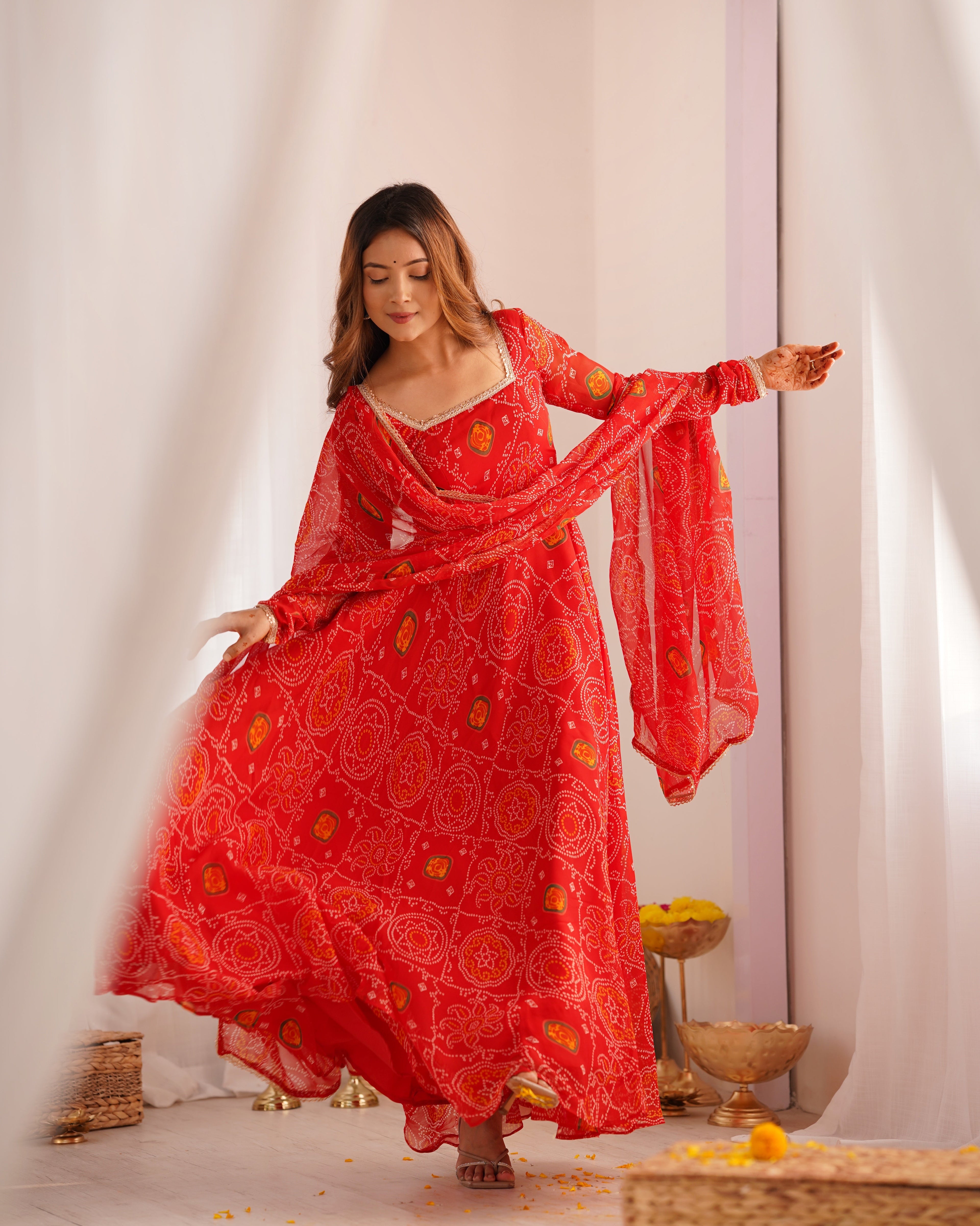 Lorenvalley Women Soft Lightweight Chiffon Bandhej Print Fabric Anarkali Kurta Pant With Dupatta Set