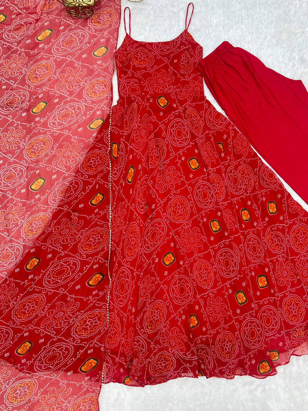 Lorenvalley Fashion Red Soft Chiffon Bandhej Fabric Print Fully Flair Anarkali With Pant Dupatta Set - Distacart