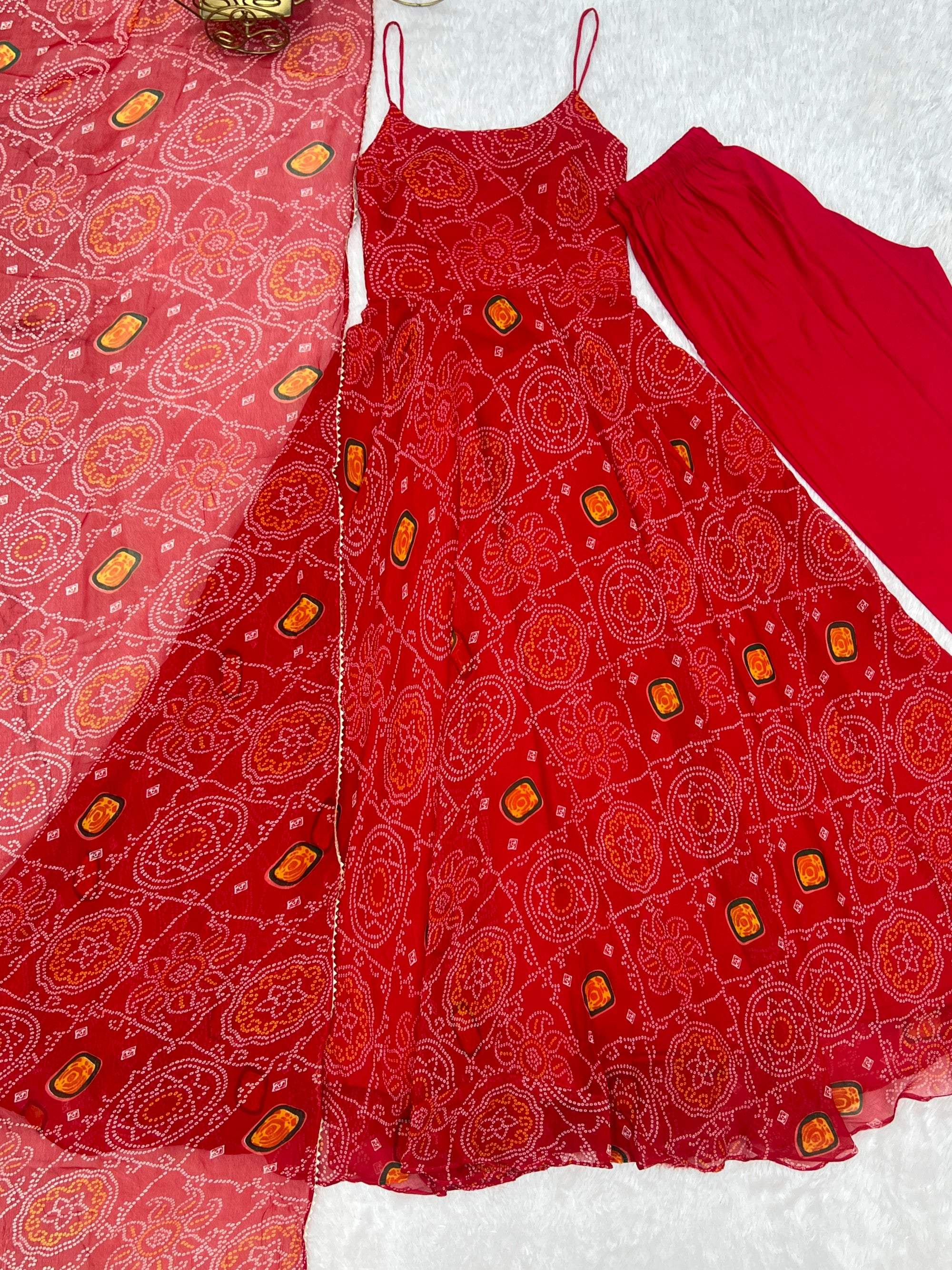 Lorenvalley Fashion Red Soft Chiffon Bandhej Fabric Print Fully Flair Anarkali With Pant Dupatta Set - Distacart