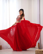 Lorenvalley Red Faux Georgette Stitched Lehenga Embroidery Blouse with Dupatta
