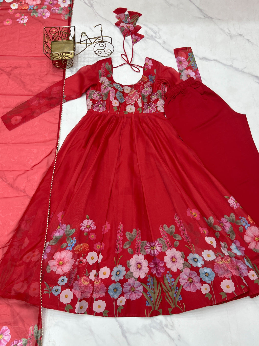 Lorenvalley Fashion Red Soft Organza Silk With Floral Print Fully Flared Anarkali Pant With Dupatta Set - Distacart