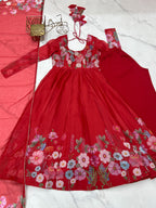 Lorenvalley Fashion Red Soft Organza Silk With Floral Print Fully Flared Anarkali Pant With Dupatta Set - Distacart