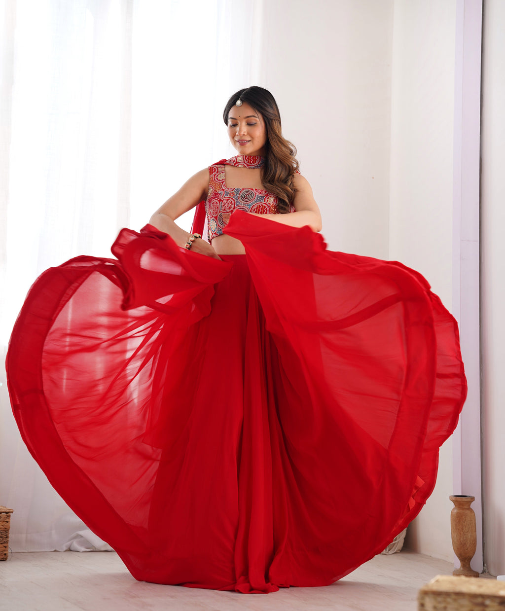 Lorenvalley Red Faux Georgette Stitched Lehenga Embroidery Blouse with Dupatta
