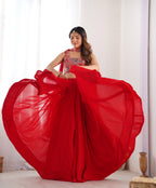 Lorenvalley Red Faux Georgette Stitched Lehenga Embroidery Blouse with Dupatta