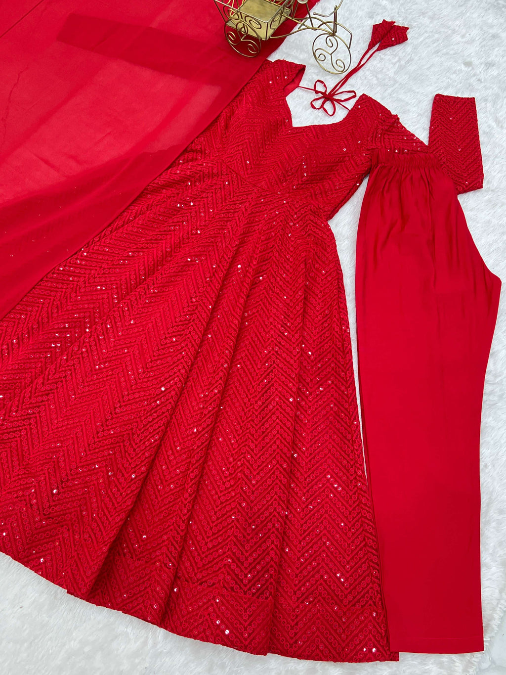 Lorenvalley Fashion Red Faux Georgette Lukhnowi Sequence Work Anarkali Kurta Pant With Dupatta Set - Distacart