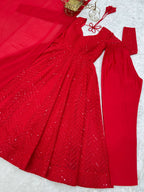Lorenvalley Fashion Red Faux Georgette Lukhnowi Sequence Work Anarkali Kurta Pant With Dupatta Set - Distacart