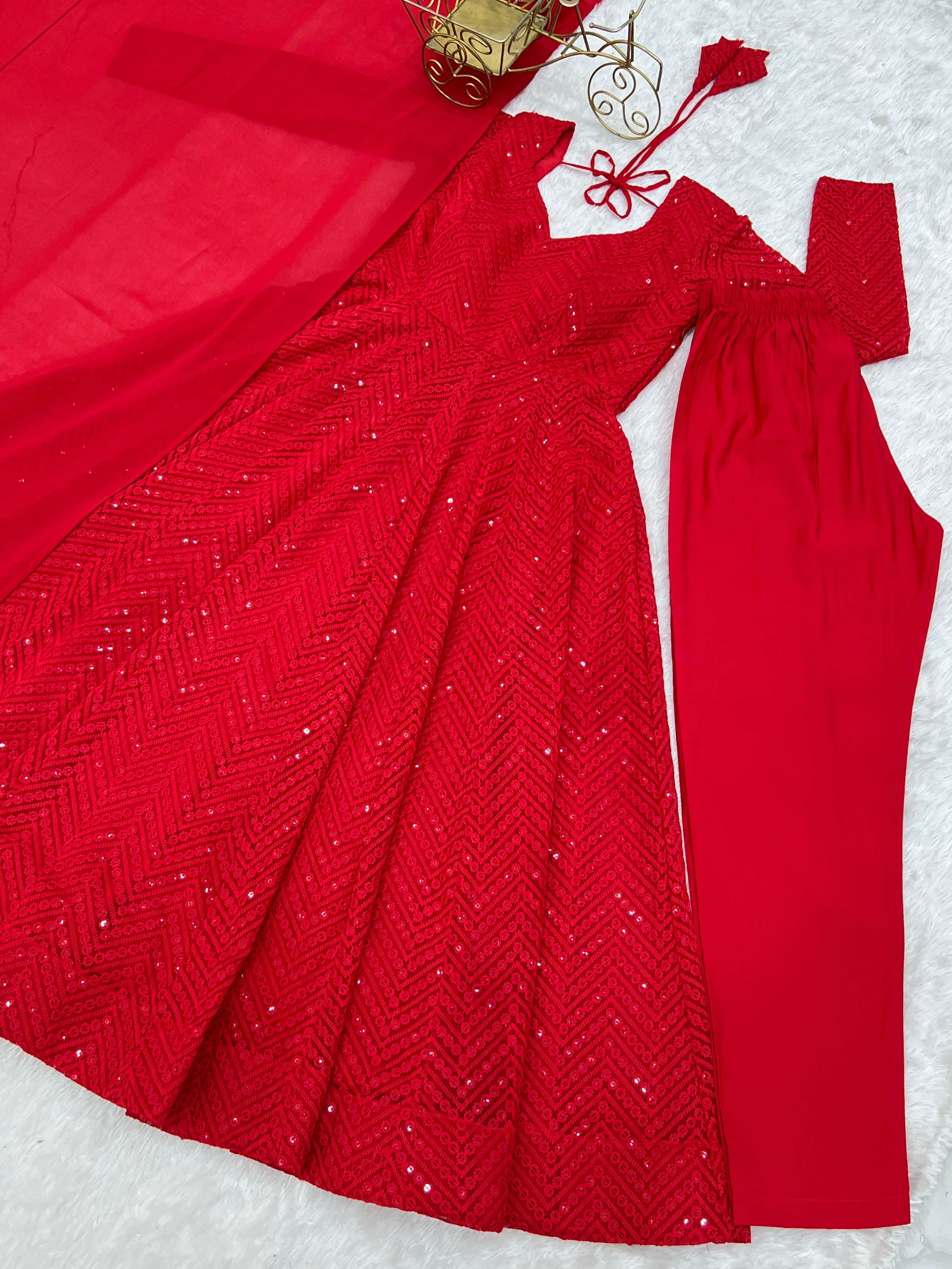 Lorenvalley Fashion Red Faux Georgette Lukhnowi Sequence Work Anarkali Kurta Pant With Dupatta Set - Distacart