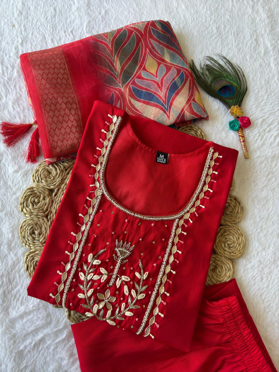 Lorenvalley Fashion Red Roman Silk Hand Work Kurta Pant with Dupatta - Distacart