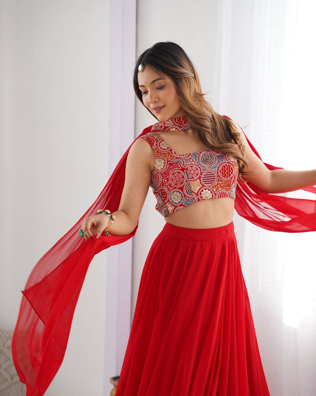 Lorenvalley Red Faux Georgette Stitched Lehenga Embroidery Blouse with Dupatta
