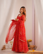 Lorenvalley Women Soft Lightweight Chiffon Bandhej Print Fabric Anarkali Kurta Pant With Dupatta Set