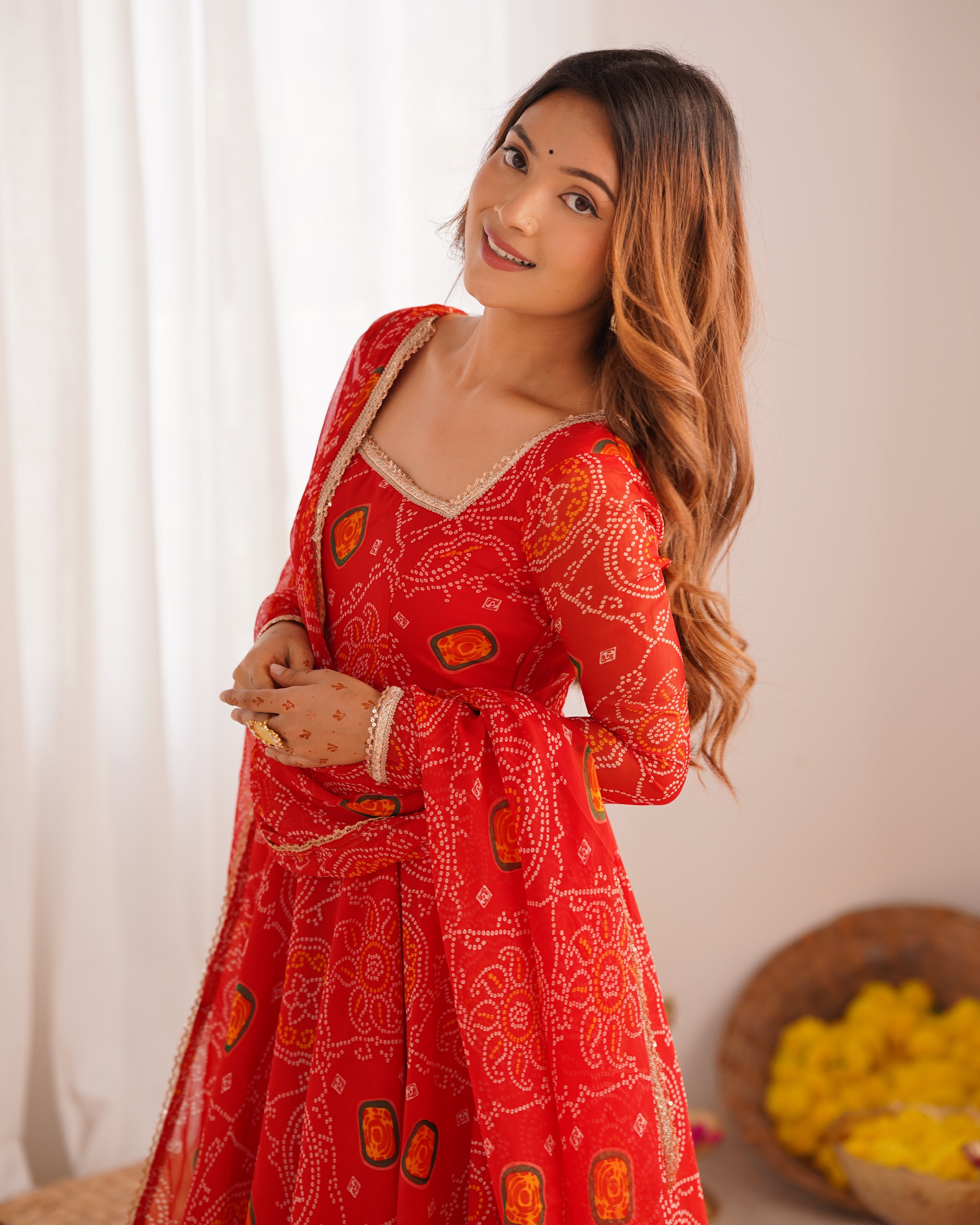 Lorenvalley Women Soft Lightweight Chiffon Bandhej Print Fabric Anarkali Kurta Pant With Dupatta Set