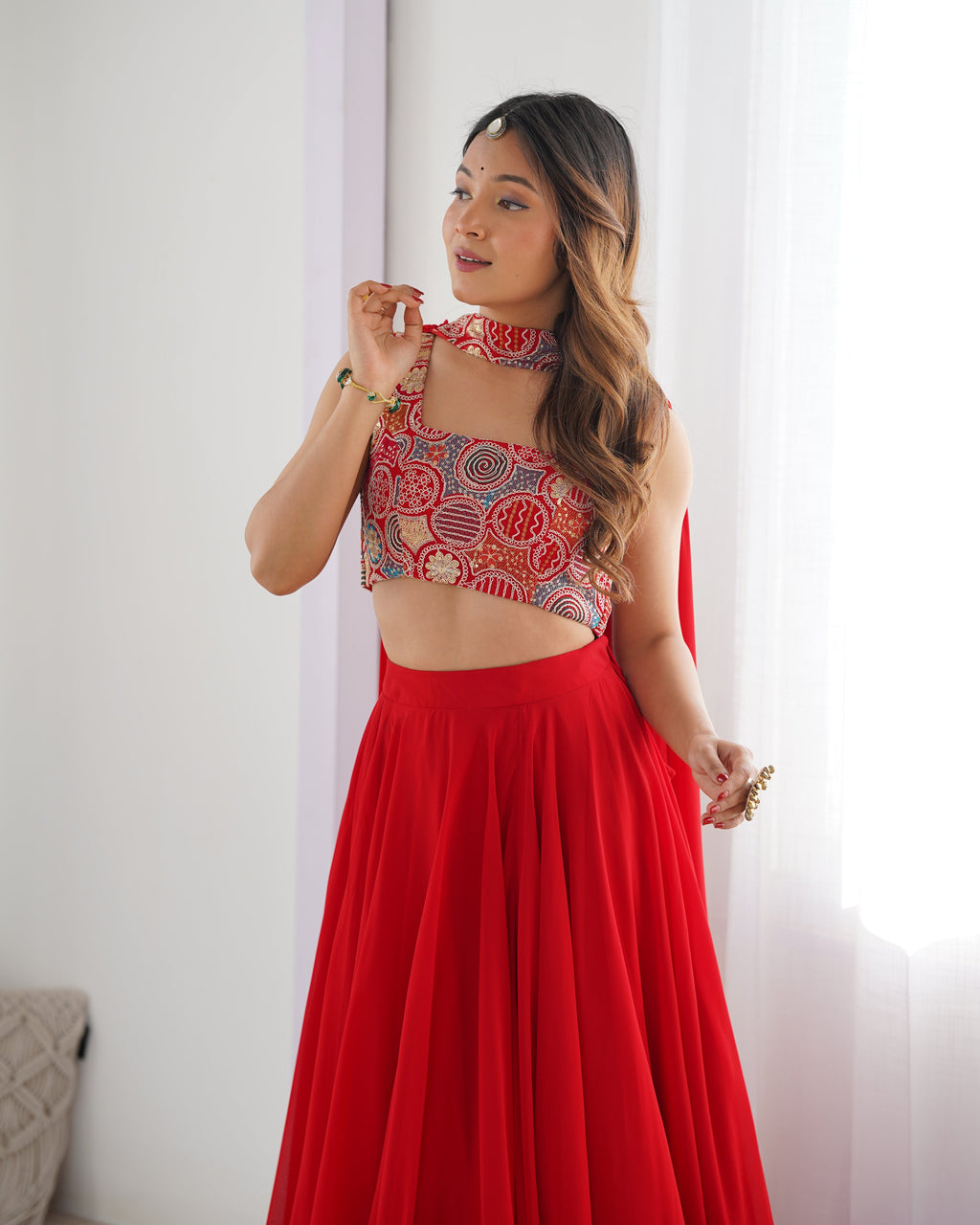 Lorenvalley Red Faux Georgette Stitched Lehenga Embroidery Blouse with Dupatta