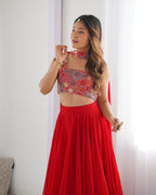 Lorenvalley Red Faux Georgette Stitched Lehenga Embroidery Blouse with Dupatta