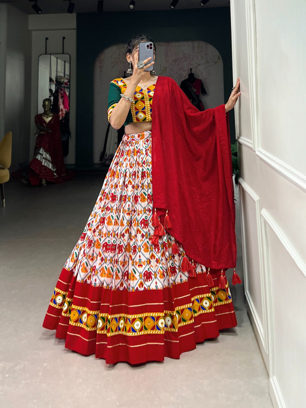 Lorenvalley Red Dola Silk and Cotton with Patola Print With Foil Work And Original Mirror Gamthi Lace Lehenga Choli