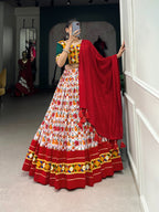 Lorenvalley Red Dola Silk and Cotton with Patola Print With Foil Work And Original Mirror Gamthi Lace Lehenga Choli