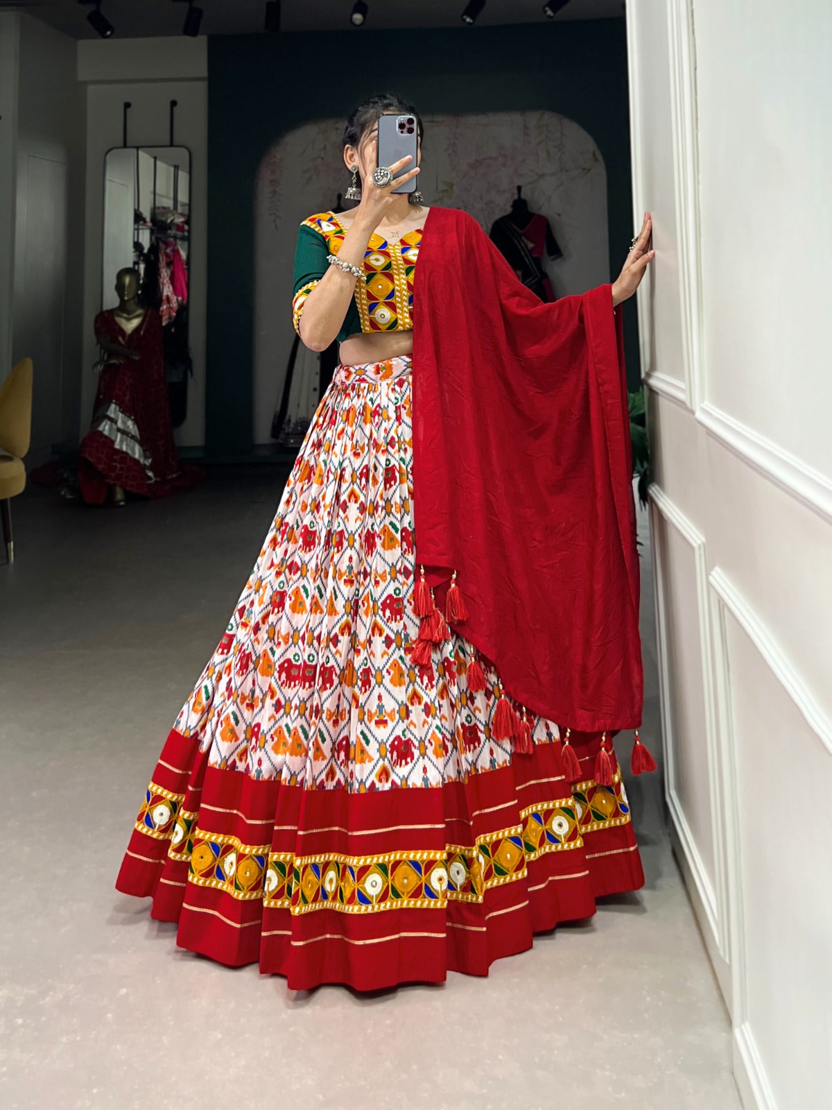 Lorenvalley Red Dola Silk and Cotton with Patola Print With Foil Work And Original Mirror Gamthi Lace Lehenga Choli