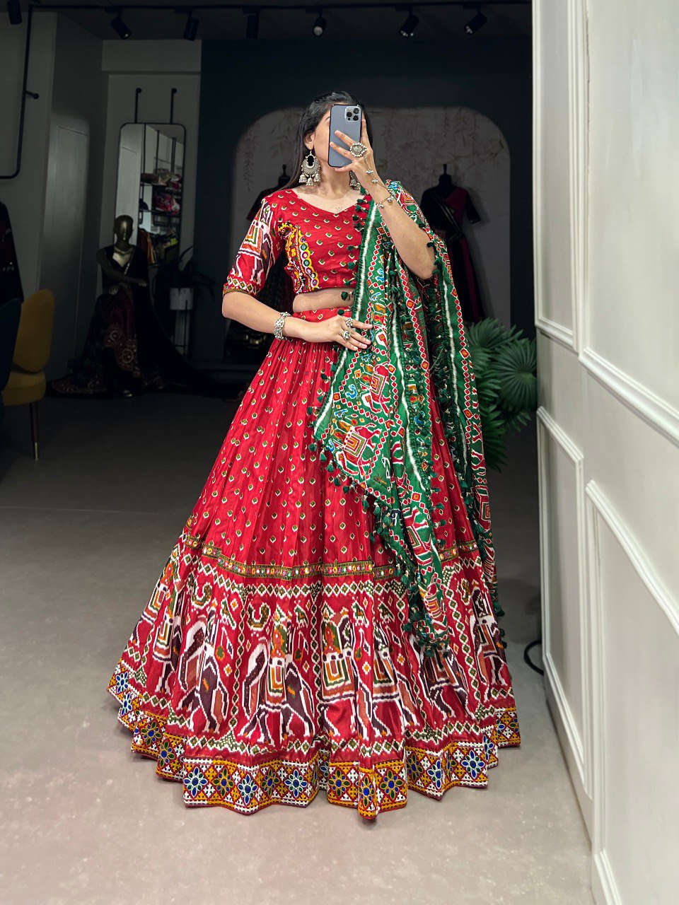 Lorenvalley Red Dola Silk Patola Print With Gamthi Work Lace Border Lehenga Choli with Dupatta